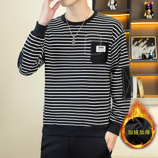 Nasawassup light luxury autumn and winter new long-sleeved versatile sweatshirt men's trendy patch patchwork sleeves casual temperament striped top black xl