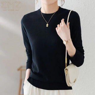 Emz ordos superfine 100 pure wool sweater women's round neck thin pullover sweater with knitted black round neck machine washable wool sweater 2xl suitable for weight 130-140jin jin is equal to 0.5 kg