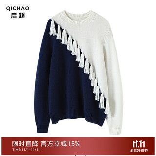 Qichao yuexia yaotai handmade tassel thickened 100% pure cashmere sweater women's round neck pure cashmere sweater loose white blue s