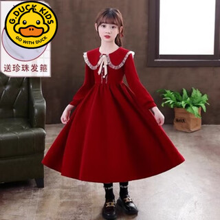 G.duck girls princess dress autumn and winter new velvet dress children's red dress host piano performance clothes spring and autumn cls-h05 burgundy follow + headband 120 recommended height 110-120cm (5-6 years old)
