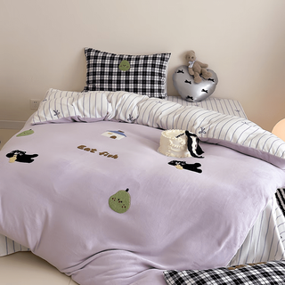 Mercury series cute cartoon towel embroidered high weight milk velvet four-piece set thickened warm coral velvet bed three-piece set winter greedy cat - thickened milk velvet, 1.2m bed sheet style three-piece set - suitable for 150*200cm