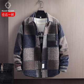 Kuraishi kazuki trendy brand lapel woolen shirt for men 2025 autumn and winter versatile light luxury casual plaid shirt jacket picture color m