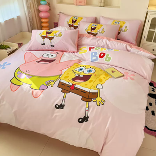 Yusenyi spongebob cartoon bed four-piece set pure cotton boy sheet quilt cover children's bedding three pieces 100% cotton large version/pink spongebob squarepants 1.8m bed sheet style four-piece set suitable for 200x230cm quilt