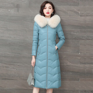 Hoores winter new genuine leather down jacket women's medium long large fur collar thickened over-the-knee jacket women's brand coat women's aqua blue fox fur collar xl