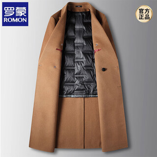 Romon woolen coat men's long knee-high large size double-sided nylon windbreaker yikao cashmere double-breasted half coat hand-stitched camel double-sided woolen with down liner 3xl 190 160-180jin jin is equal to 0.5 kg