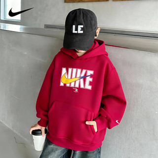 Nike nike boys sweatshirt red velvet ben ming nian 2025 children's winter thickened big children's clothing girls tops college red 2233 velvet thickened high weight 160 /xl recommended height 158-170cm