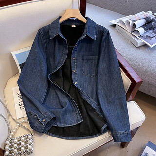 Angel mood thickened velvet retro washed denim shirt women's jacket autumn and winter versatile trendy women's tops denim shirt blue m