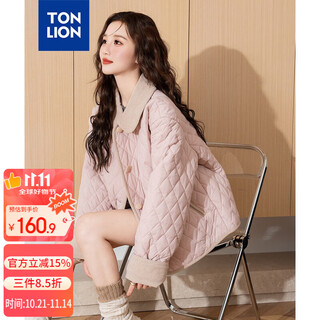 Tonlion 2025 women's lapel spliced diamond check short cotton coat gray pink m