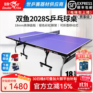 双鱼（DOUBLE FISH）专业乒乓球桌标准比赛训练室内家用训练球桌可折叠式乒乓球台案子 2028S 18MM蓝面/银色彩虹拱脚/有轮可折叠