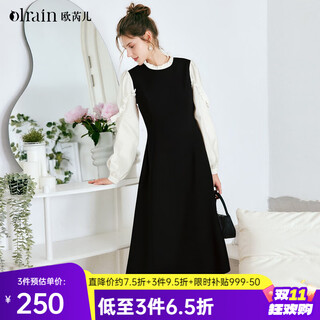 Olrain french fake two-piece dress women's autumn 2025 new lazy woven long-sleeved dress black m