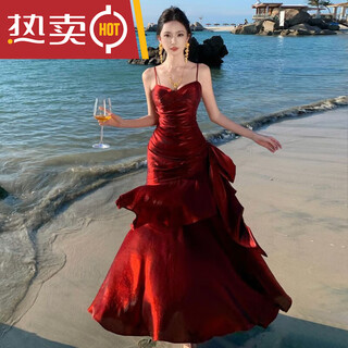 Shantou lincun red ruffled fishing skirt high-end mermaid ruffled slim suspender dress birthday cocktail dress long red s