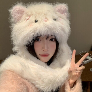 Qumuye cat plush hat winter high-looking plus velvet thickened cute warm outdoor ear protection furry hat cute cream kitten hat scarf all in one