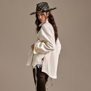 CHUU字母刺绣衬衫女士2025年冬季新品不对称纽扣宽松长袖翻领衬衣 白杏色 均码