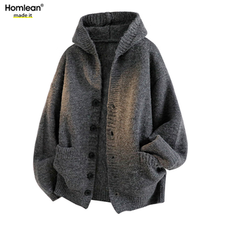 Homlean lazy style hooded cardigan sweater for men in autumn loose casual warm sweater jacket hy07 dark gray l