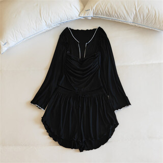 Goldlion睡衣女带胸垫性感花边吊带长袖薄款可爱蝴蝶结春秋款家居服四件套 短裤三件套8368.3#黑色(固定胸垫) M 【80-100斤】