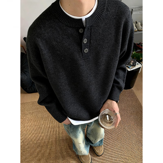 Zhuyifan american retro henley collar sweater lazy feeling men's right shoulder sweater jacket cleanfit bottoming shirt black 5xl