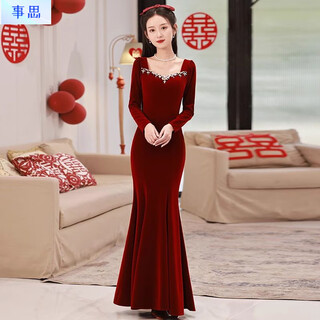 Sisi velvet fishtail bridal toast wear high-end light luxurious red dress feminine slim winter long sleeve annual party burgundy s