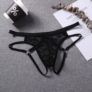 He jiagong men's lace sexy transparent temptation t-pants t-pants revealing buttocks, open crotch, low waist hollow bag underwear, black, one size