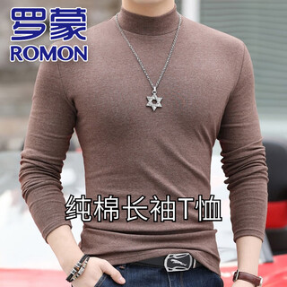 Romon pure cotton half-high collar men's long-sleeved t-shirt slim-fit thick autumn and winter solid color inner warm tight-fitting bottoming shirt top brown xl 140jin jin equals 0.5kg, left and right