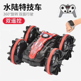 Electric remote control car amphibious four-wheel drive double-sided car rc off-road vehicle children's waterproof snow boat boy toy red - amphibious remote control car - dual remote control dual battery - play for 50 minutes