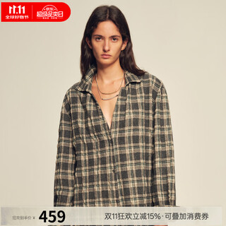 Fu zhien british style retro loose wool-cotton blended salt-shrunk brushed off-shoulder plaid shirt for women pine gray plaid s