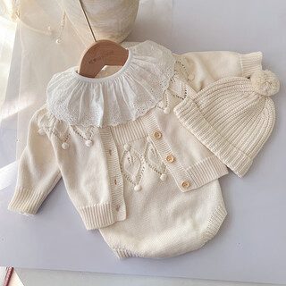 In korean baby clothing handmade fur ball knitted cardigan baby girl sweater pure cotton gauze outer suit overalls + spring and autumn base layer + cardigan + hat 66 cm_recommended about 59-65cm_10-14jin jin equals 0.5 kg