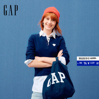 Gap women's 2025 spring new love patch embroidered logo henry collar slim long-sleeved t-shirt top 729420 navy blue m (165/84a) asian size