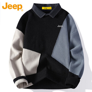 Jeep sweater men's autumn and winter base shirt collar fake two-piece warm sweater jacket blue xl