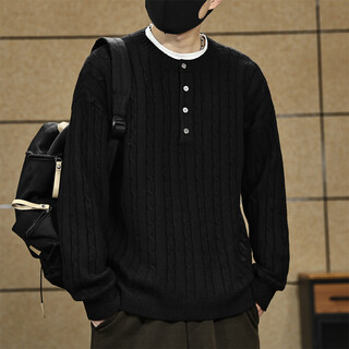 Fat brother american retro henley collar sweater men's autumn and winter new trendy brand loose high-level warm knitted sweater top black m weight 100-130jin jin is equal to 0.5 kg