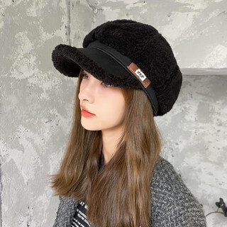 Jimmy leaf thickened lamb wool octagonal hat for women in autumn and winter british retro splicing peaked cap warm beret painter hat black one size m (56-58cm)