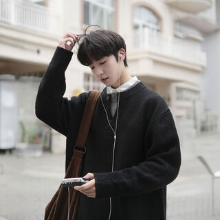 Xiaohongshu's popular henry collar sweater for men in autumn and winter american retro knitted sweater loose inner layering top black s s