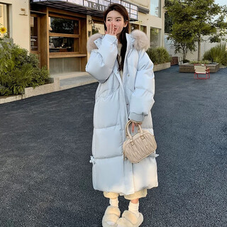 Guilanzi mid-length down jacket for women 2025 winter new style large fur collar thickened warm casual fashion hooded over-the-knee jacket glacier blue s 95-115jin jin is equal to 0.5 kg