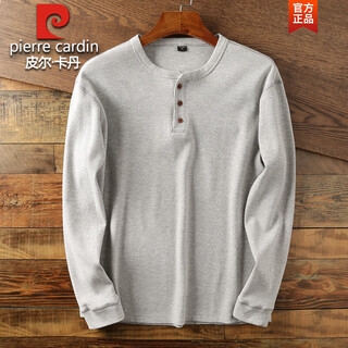 Pierre cardin has a good reputation, waffle henry collar, men's solid color loose knitted collar button-down shirt, casual autumn long sleeve, light gray s 115-130jin jin equals 0.5 kg