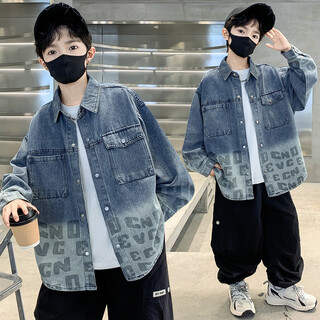 Katulanmao boys spring and autumn denim shirt jacket 2025 new medium and large children's autumn clothing boys autumn gradient children's shirt blue 140