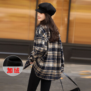 Awakening paradise winter fashion temperament versatile velvet single-breasted thick plaid shirt loose slim jacket navy xl