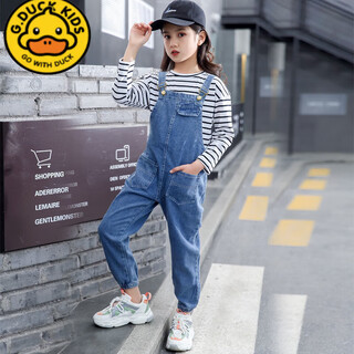 G.duckkids girls jeans suit korean style spring and autumn new style girls and middle school overalls loose children's black pints suit blue denim overalls suit blue 140