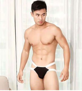 Large size sexy underwear men's stretchy men's thong breathable t-pants ice silk hollow hip lifting gay black s