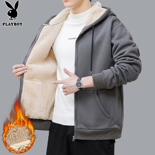 Playboy (playboy) jacket men's sherpa autumn and winter men's jacket sweatshirt casual plus velvet thickened trendy clothes