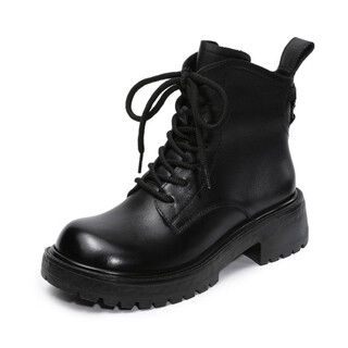 Kangnai round toe thick heel short boots for women 2025 autumn and winter new thick-soled british retro martin boots lace-up single boots black 35