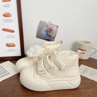 Cream plus velvet high-top sneakers for women, cute winter new chic niche cotton shoes, student velcro bread shoes, beige_fleet-follow the store_ready stock 35
