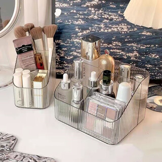 Light luxury stationery storage box desktop jewelry storage box cosmetics storage bucket nordic style transparent trapezoidal storage rack three-compartment storage box 1