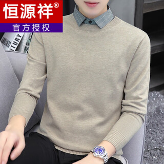 Hengyuanxiang relaxed henry collar fake two-piece sweater casual versatile sweater for men/ready in stock khaki m (90-110jin jin equals 0.5kg)