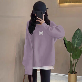 Fake two-piece round neck sweatshirt women's 2025 autumn and winter new korean style loose mid-length velvet thickened hooded top purple gray medium butterfly spring and autumn style m