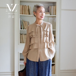 Muzi linen muzi middle-aged women's spring and autumn long-sleeved shirt tops middle-aged and elderly mothers ruffled shirts