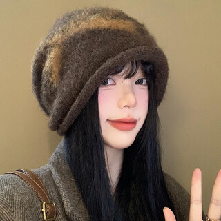 Complete bow knitted pile hat for women in autumn and winter japanese style retro large head circumference showing face small cold hat warm baotou hat coffee color one size (collection and purchase priority delivery)