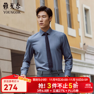 雅戈尔（YOUNGOR）衬衫男士秋冬青年男长袖衬衫羊毛混纺面料纯色衬衫合款 蓝色素色VLQW119708HBA 40