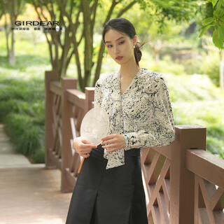 哥弟（GIRDEAR）【墨韵绅华】设计感长袖时尚休闲百搭长袖衬衫130078 杏色印花 S (2)