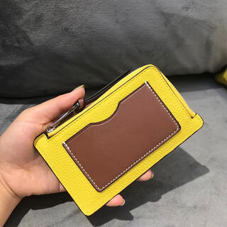 Genuine card bag for women, compact avocado green card holder, cowhide, pebbled pattern, contrasting color, short zipper coin purse, yellow with brown