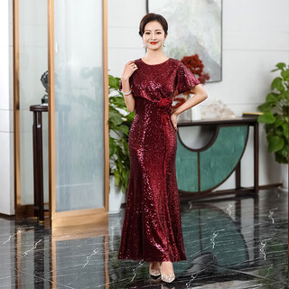 Ferminiya naqi's mother-in-law high-end wedding banquet evening dress 2025 new temperament banquet middle-aged mother long dress burgundy 2xl