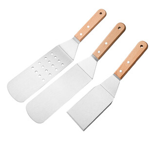 Kitchen and bathroom construction beech wood handle outdoor barbecue tools bbq frying spatula bbq shovel teppanyaki shovel cooking spatula beech wood handle 3-piece set